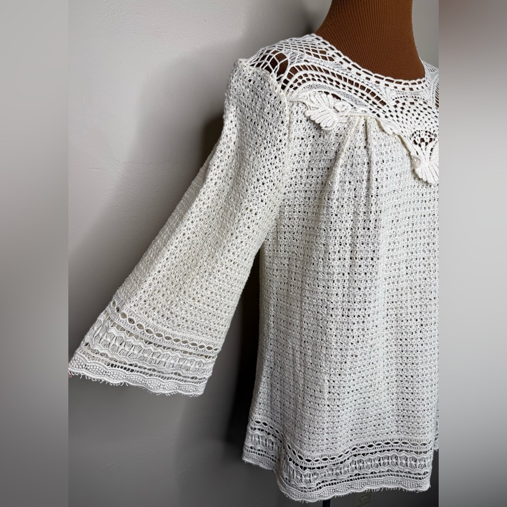 XCVI Cream Crochet Pullover Cotton Blouse Open Weave Size Medium - Picture 3 of 8